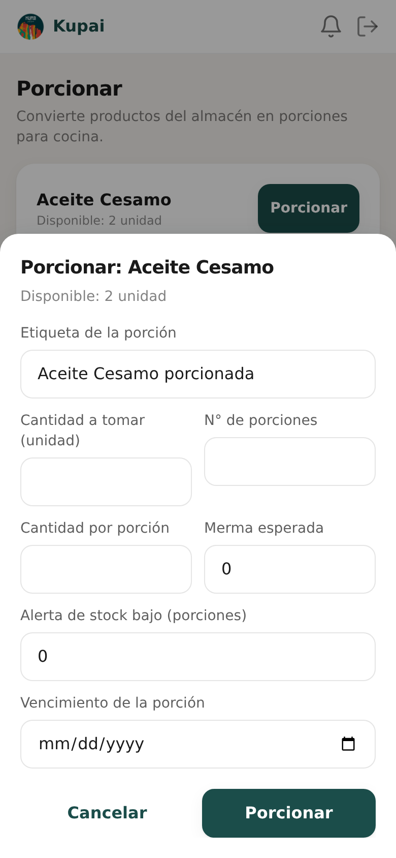 Porcionar a la cocina