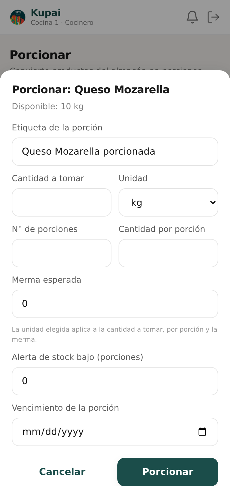 Porcionar con unidad de medida