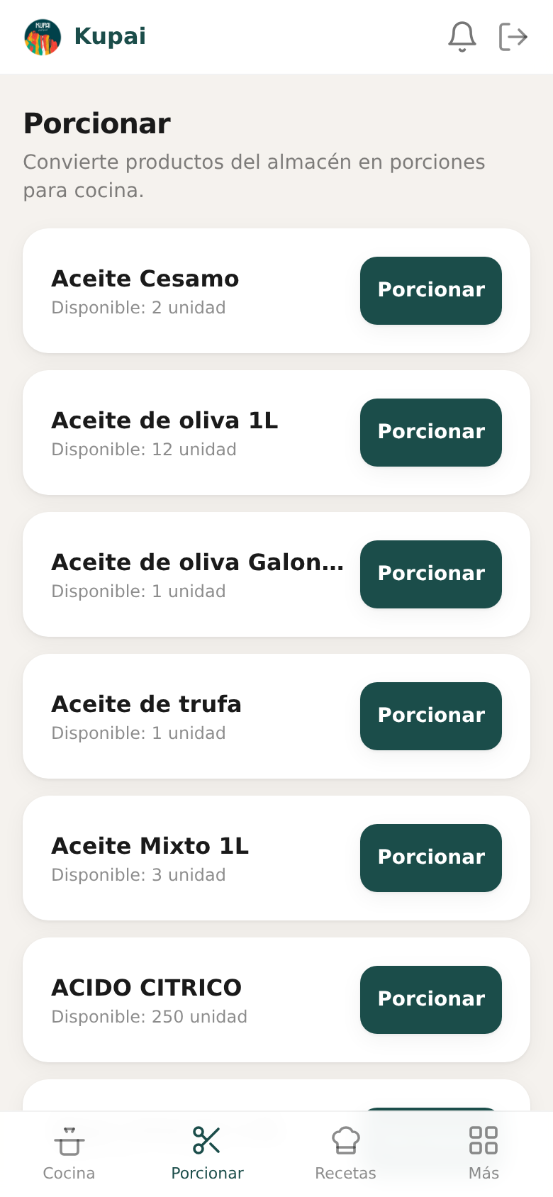 Porcionar del almacén